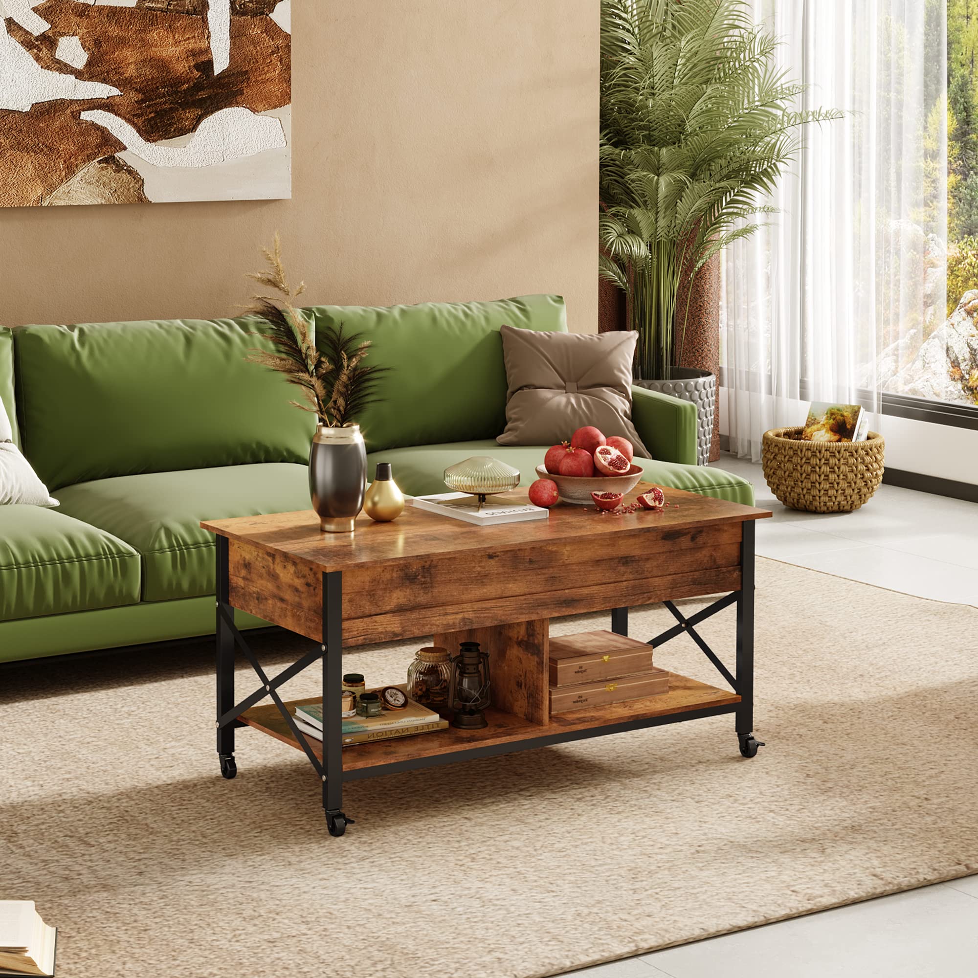 Coffee Table, 41.3" Lift Top Coffee Table with 4 Wheels, Hidden Compartment