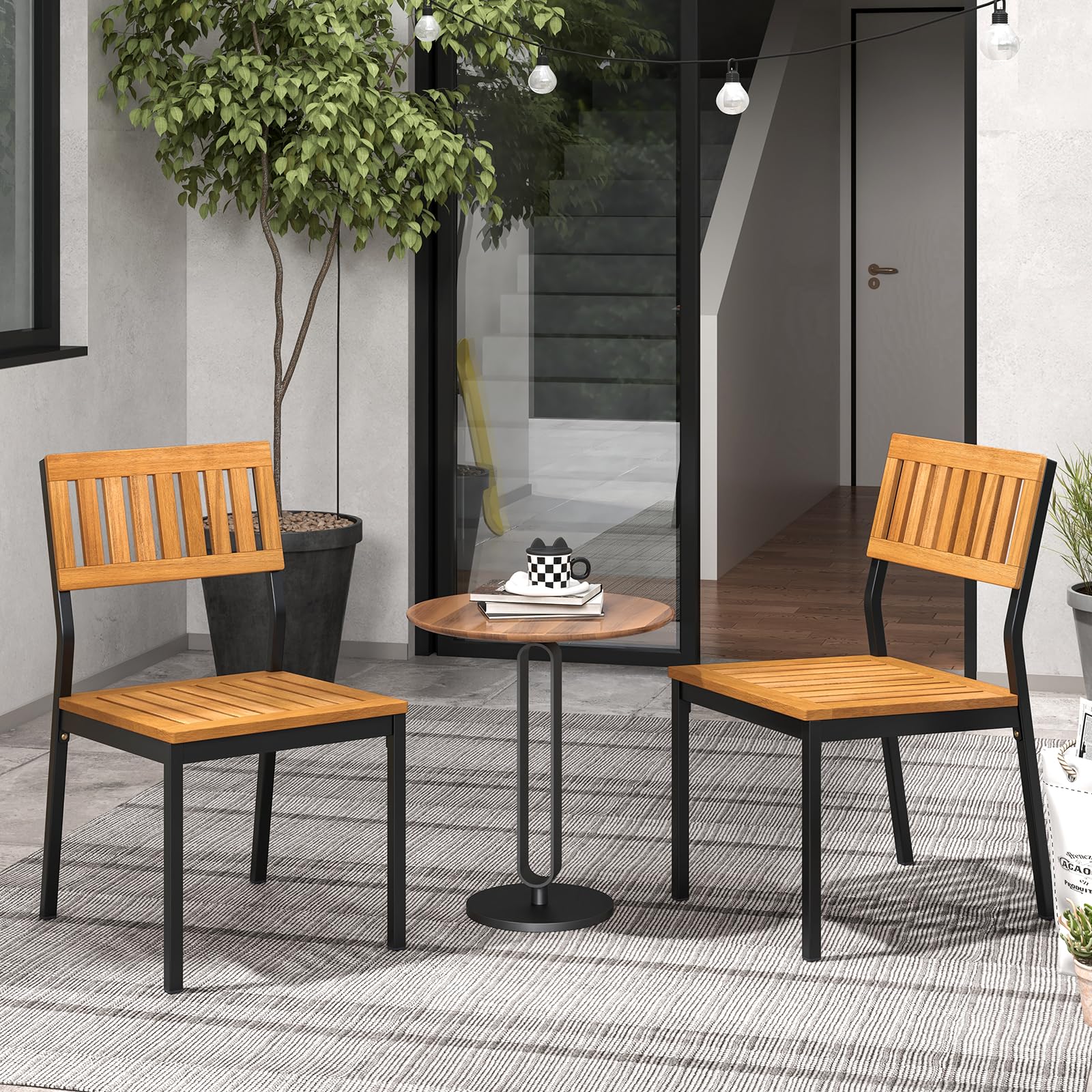 Patio Dining Chair Set of 4, Outdoor Armless Chairs w/Metal and Acacia Wood Frame