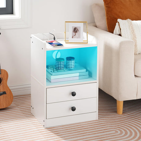 Nightstand with Charging Station, Modern Night Stand with LED Lights