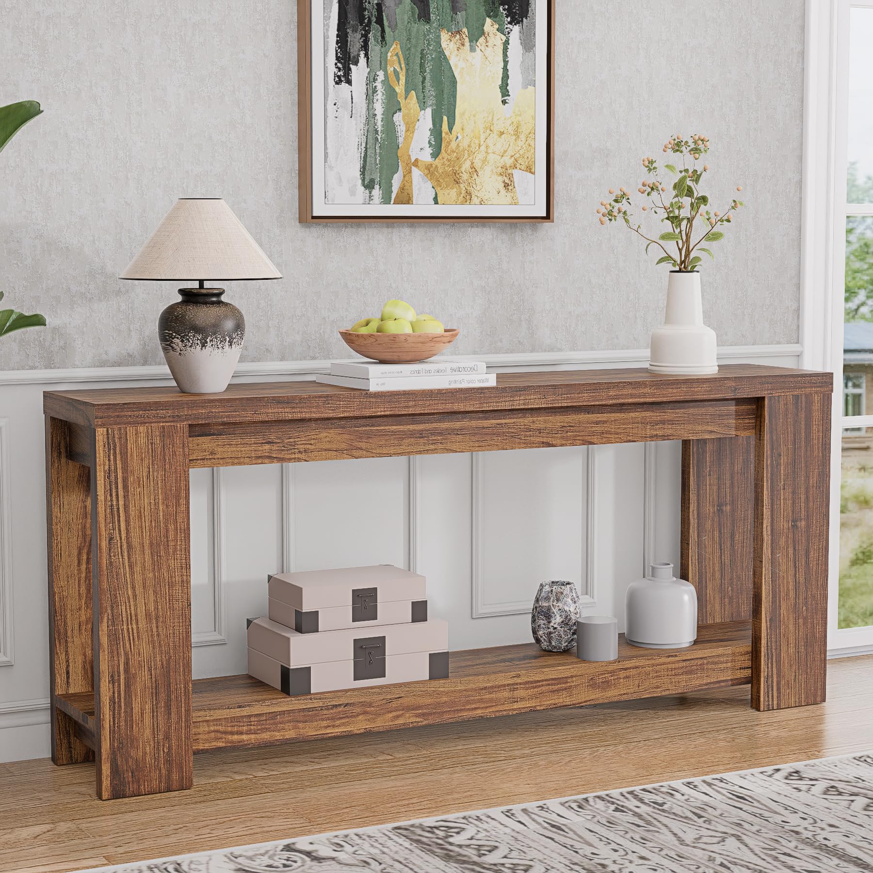 70.9" Farmhouse Console Table with Storage Shelf - Rustic Brown