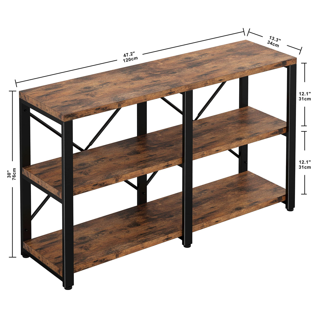 Rustic Entryway Console Table, Long Hallway Table 47in 3-Tier, TV Stand Entertainment