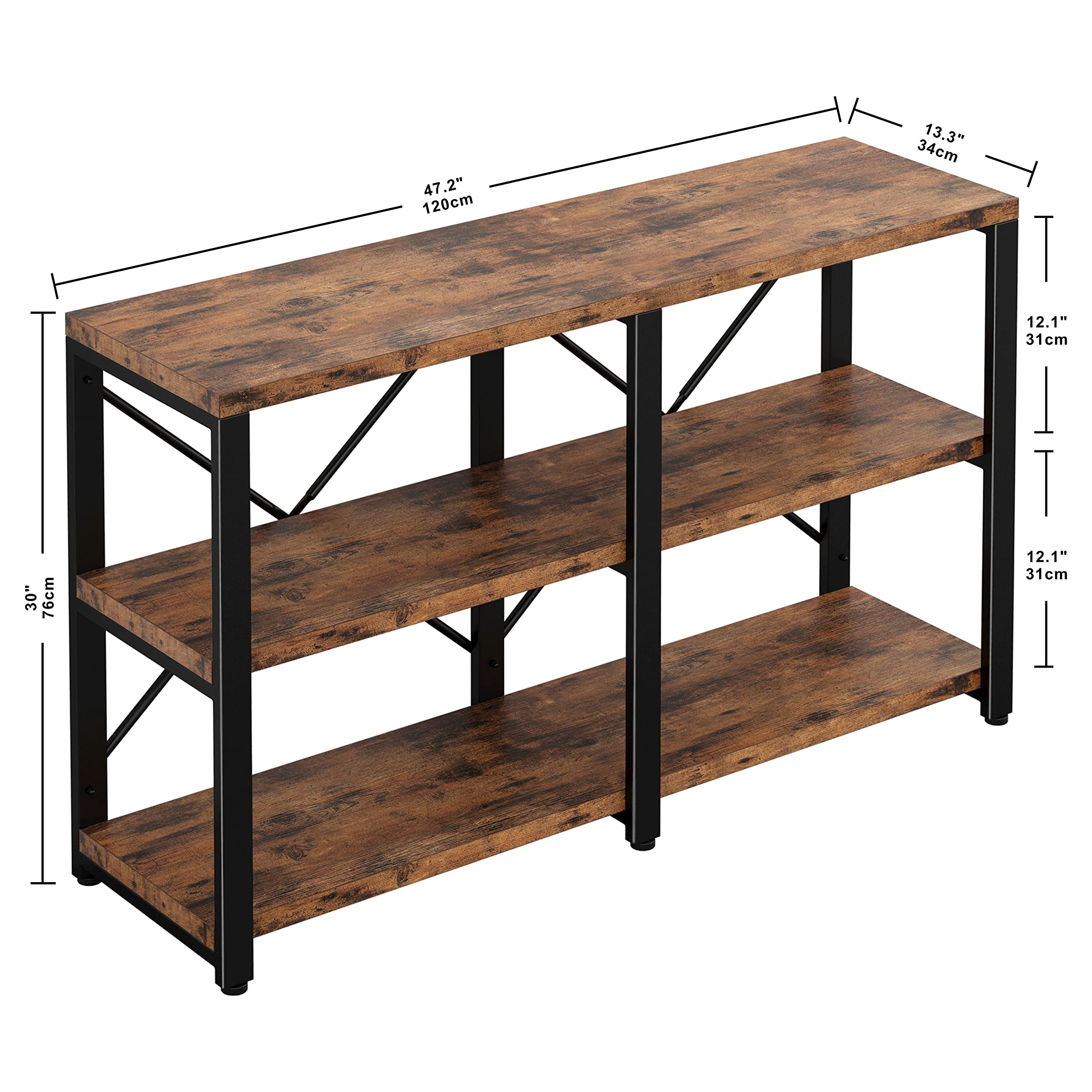 Rustic Entryway Console Table, Long Hallway Table 47in 3-Tier, TV Stand Entertainment