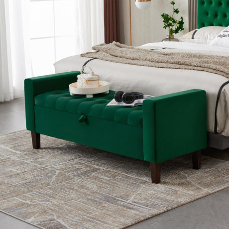 Upholstered Storage Ottoman, Button-Tufted Entryway Bench with Solid Wood Legs,