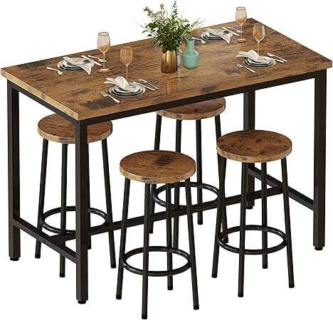 5 Pieces Dining Table Set for 4,Black Bar Table Set with 4 Bar Stools Counter Height Bar