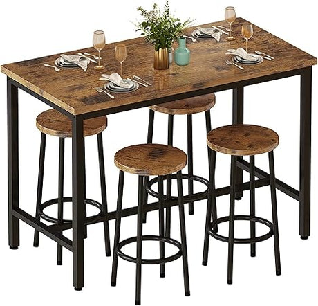 5 Pieces Dining Table Set for 4,Black Bar Table Set with 4 Bar Stools Counter Height Bar