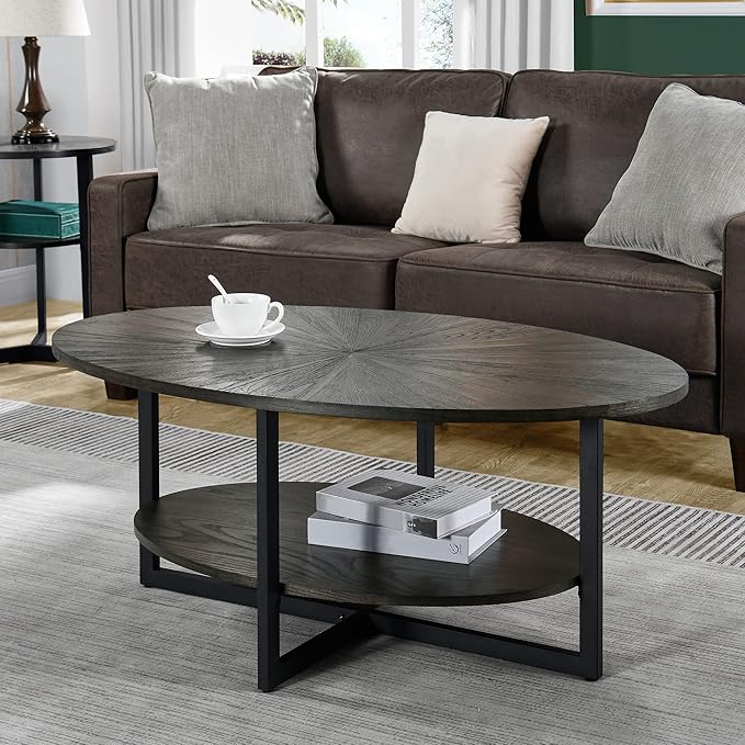 Oval Coffee Table with Storage Shelf, 43.3” Farmhouse Sofa Center Table
