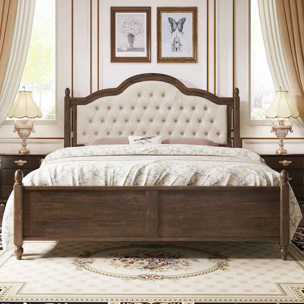 Solid Wood Bed Frame with Upholstered Headboard, King Size Wood Platform Bed