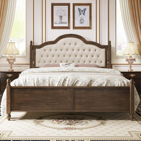 Solid Wood Bed Frame with Upholstered Headboard, King Size Wood Platform Bed