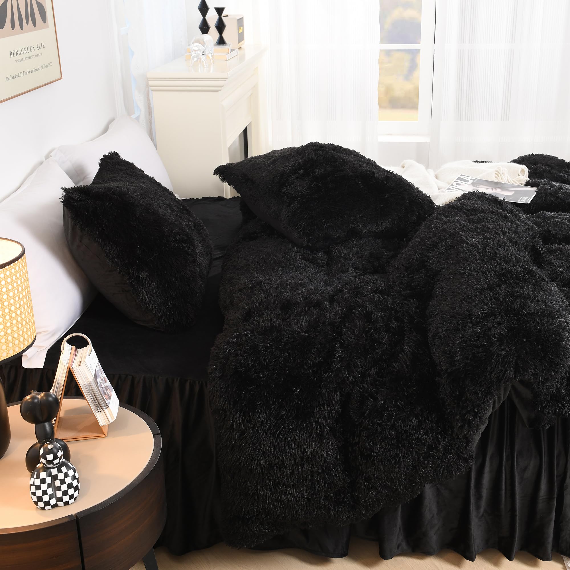 Black Fluffy Comforter King Size, Luxury Plush Faux Fur Bedding Set for King Bed,