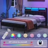 Queen Metal Bed Frame with Wooden Headboard and LED Charging Station