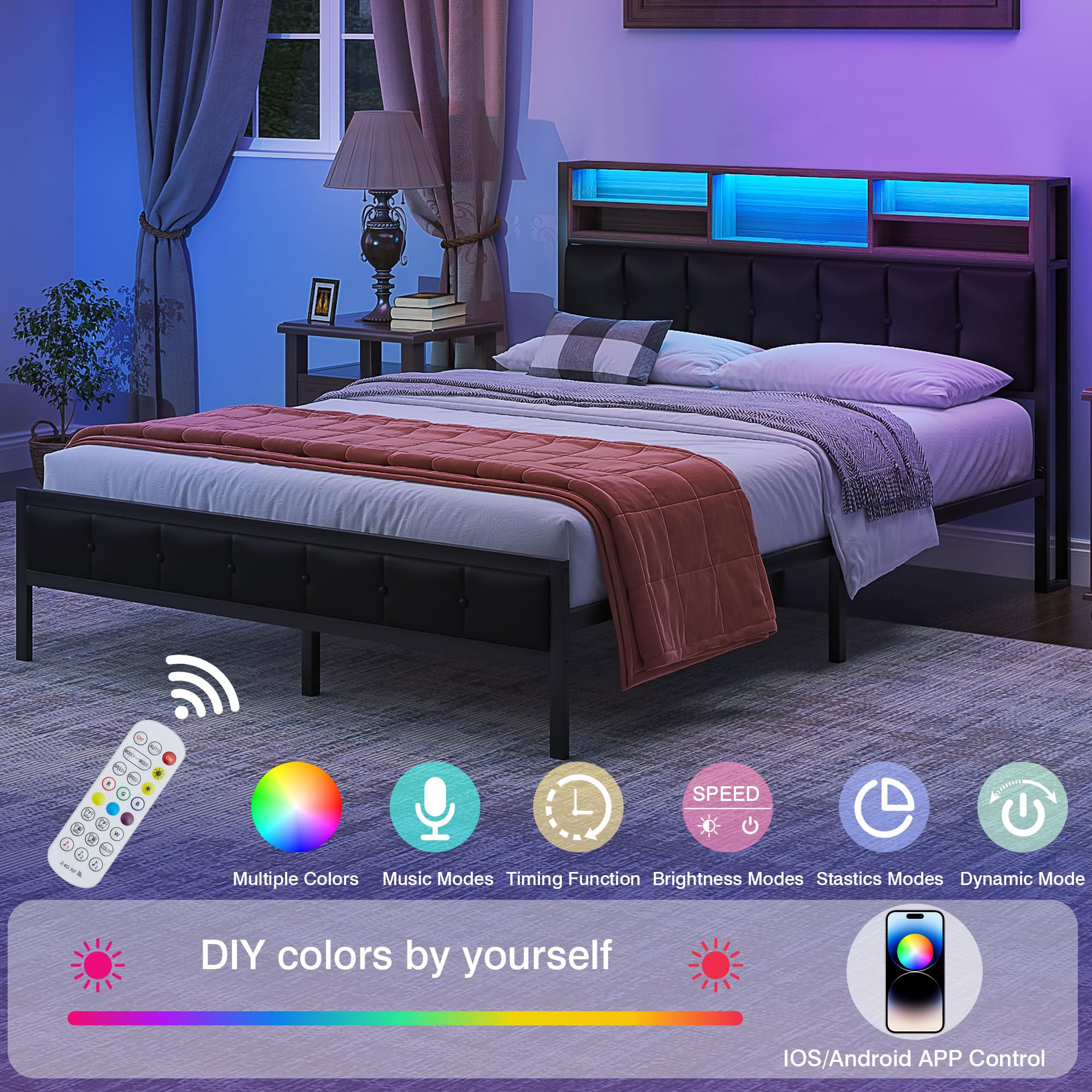 Queen Metal Bed Frame with Wooden Headboard and LED Charging Station