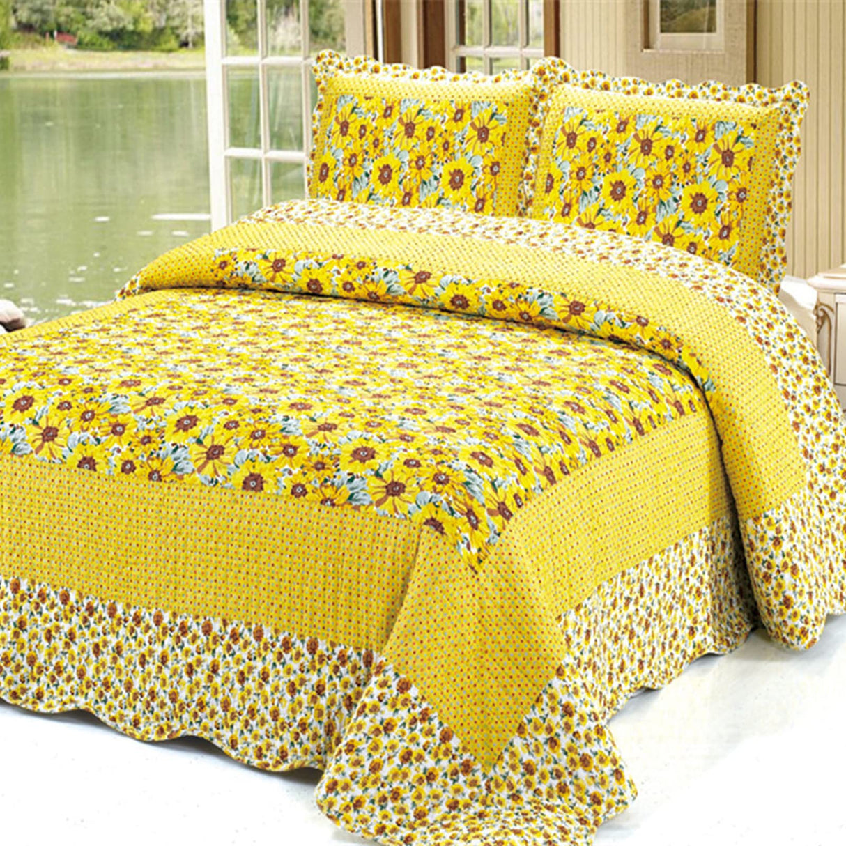 Cotton Polka Dot Comforter Set Sunflower Patchwork Bedspreads Quilt Sets Sunflower