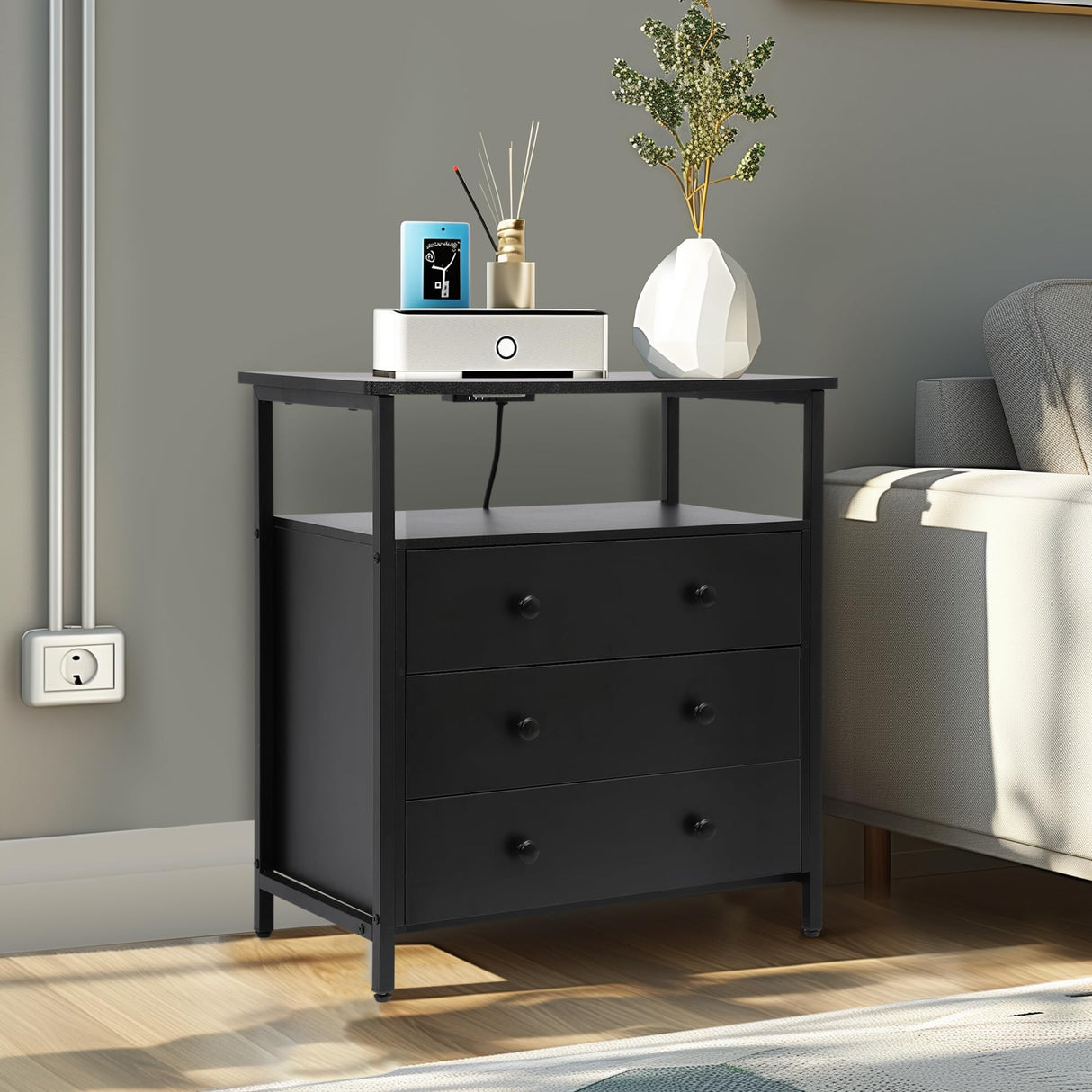 Wooden Drawers Night Stand, 27 Inch Wide Nightstand with Charging Station and Adjustable Drawers, Bedside Table for Living Room/Bedroom/Office, Black.