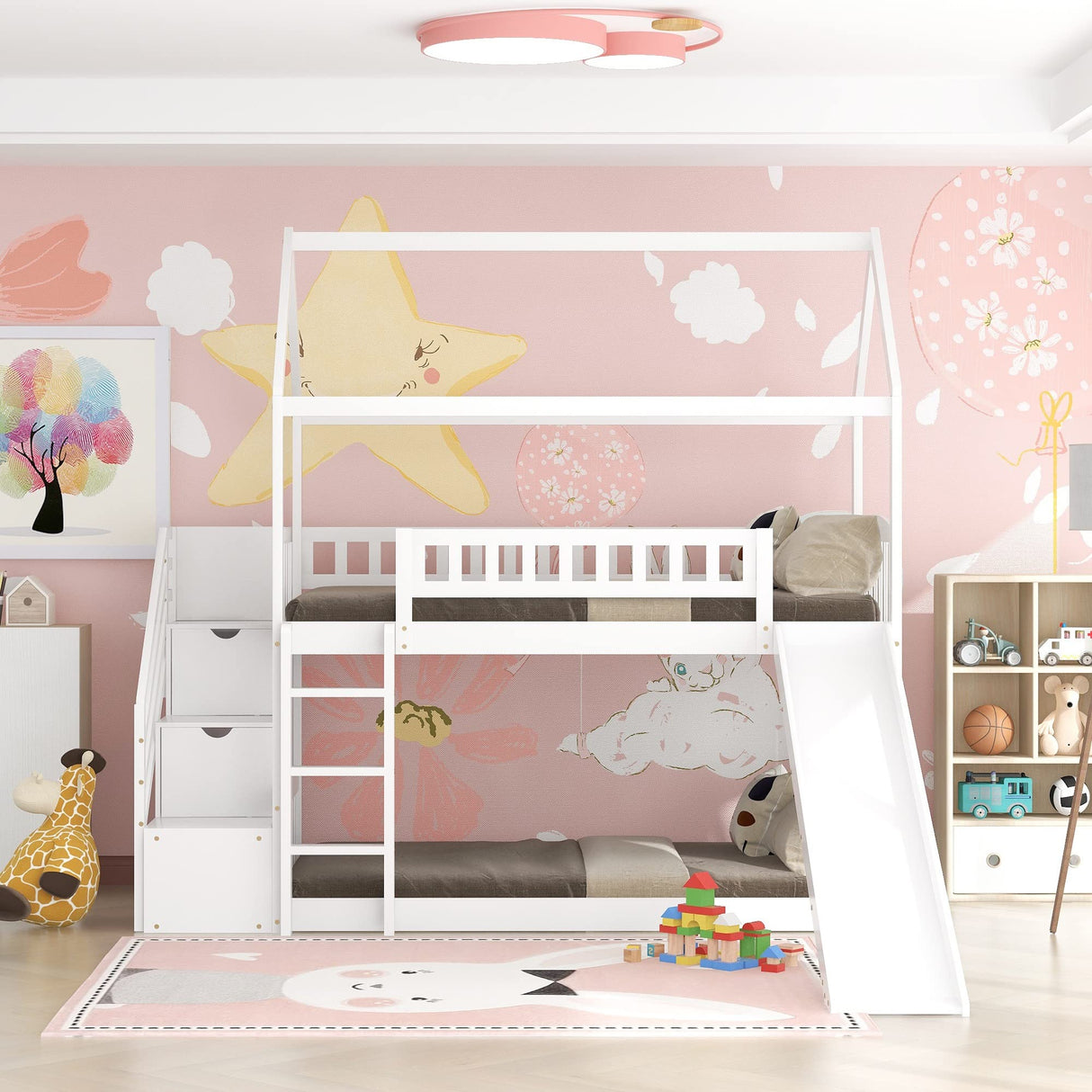 Modern Bedroom Furniture White Double Storey House Bed with Drawer and Slide