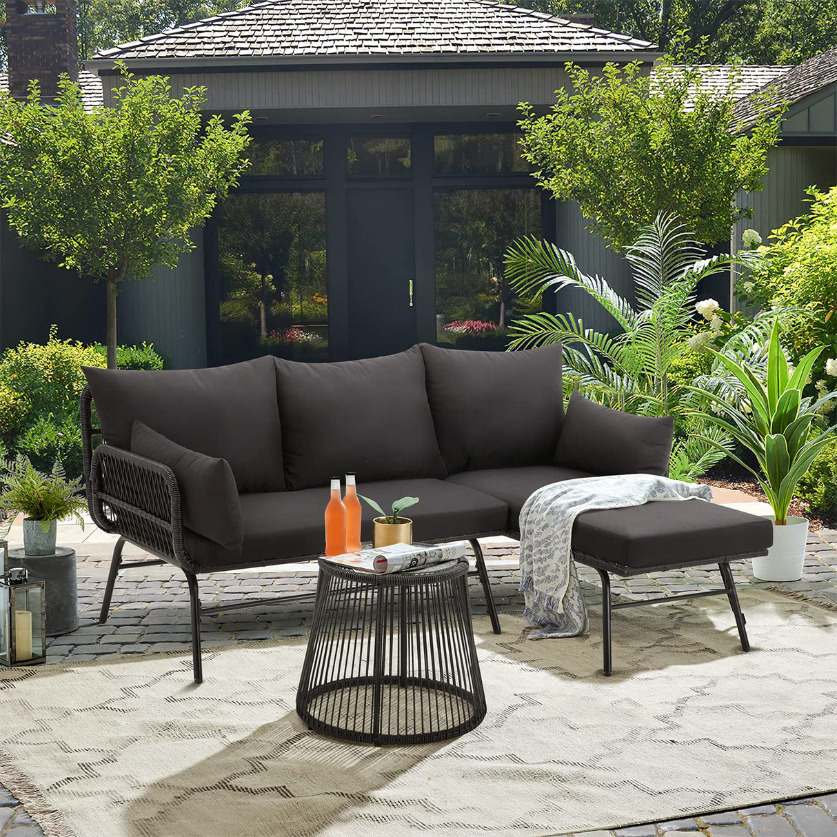 3 Piece Patio Conversation Sets, L-Shaped Sectional Patio Furniture Sofa Set