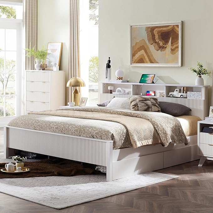 Fluted Panel Queen Bed Frame with Bookcase Headboard & Charging Station