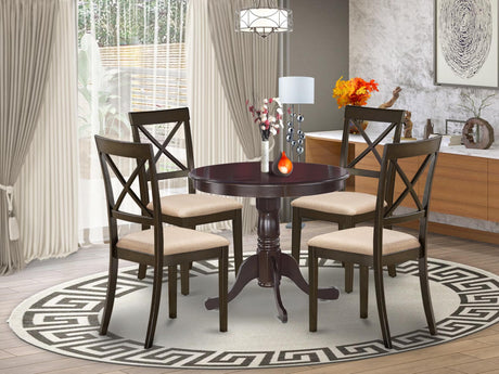 East West Furniture ANBO5-CAP-C 5 Piece Kitchen Table Set for 4 Includes a Round Dining able with Pedestal and 4 Linen Fabric Upholstered Dining Chairs, 36x36 Inch, Cappuccino