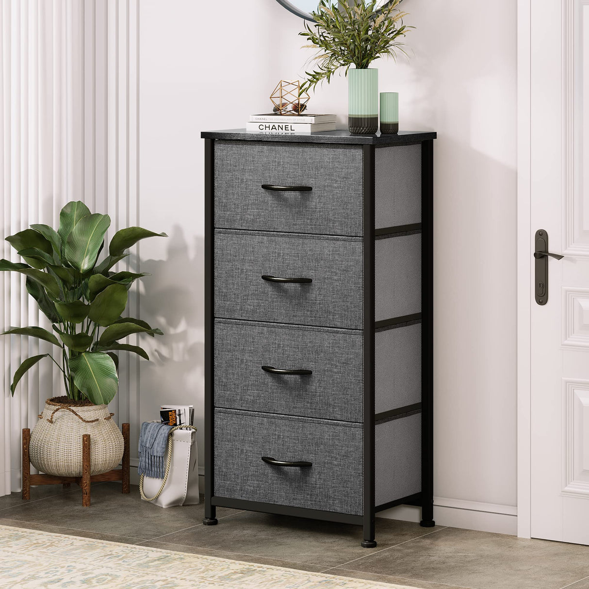 Storage Tower with 4 Drawers - Fabric Dresser, Organizer Unit for Bedroom, Living Room