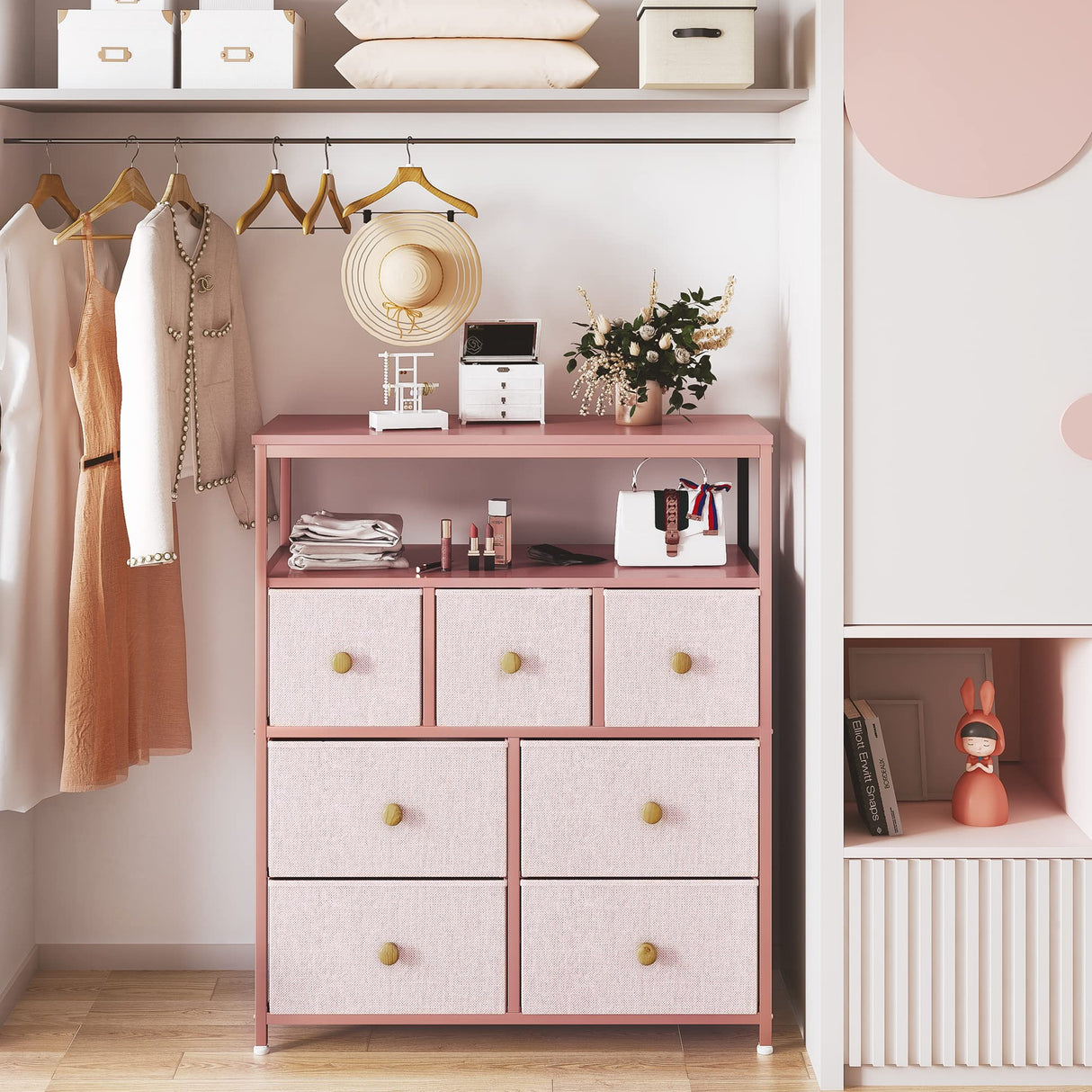 Pink Dresser, Dresser for Bedroom with 7 Drawers, Chests of Drawers & Fabric Dresser