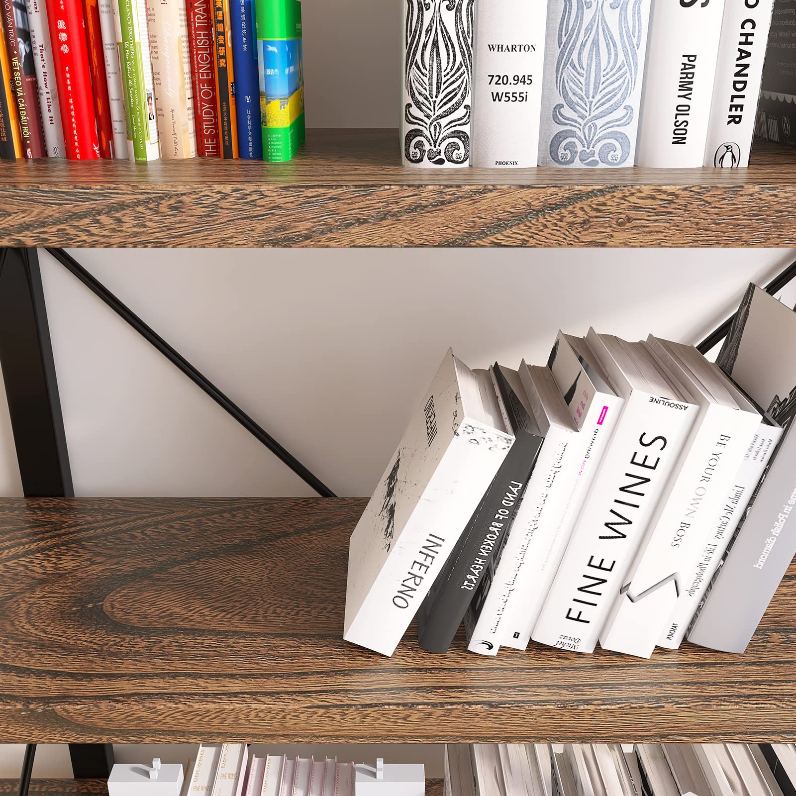 5-Tier Bookshelf Large Etagere Book Shelves,Industrial Style Bookcase and Book Shelves,Open Large Real Wood Bookshelfs,Retro Brown for Living Room Office, Retro Brown (LZ01-5tier-PLUS)