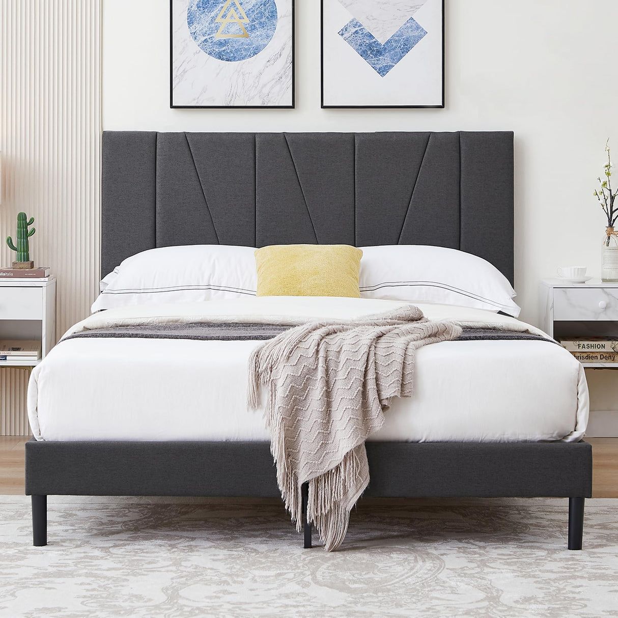 Queen Size Bed Frame Upholstered Platform with Complete Headboard and Strong