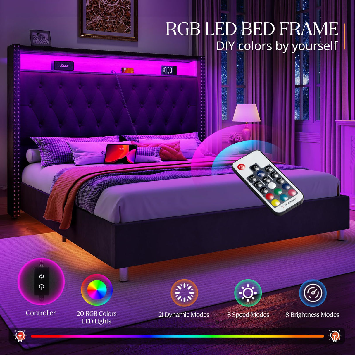 Bed Frame with LED Lights and Charging Station, Velvet Tall Upholstered Platform Bed