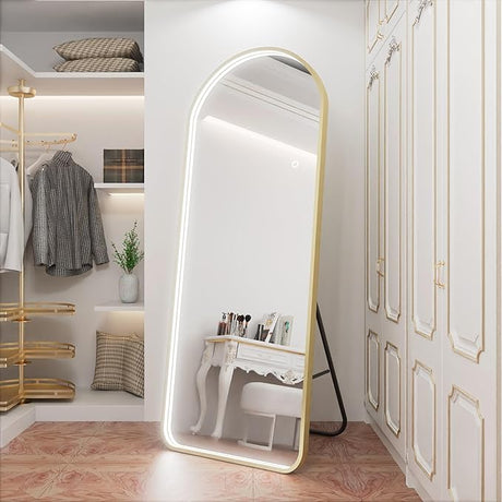 LED Full Length Mirror with Lights Arch Design, 56"x16" Full Body Mirror with Stands, Full Length Mirror Wall Mounted for Bedroom, Dimming & 3 Color Lighting (Brushed Gold)