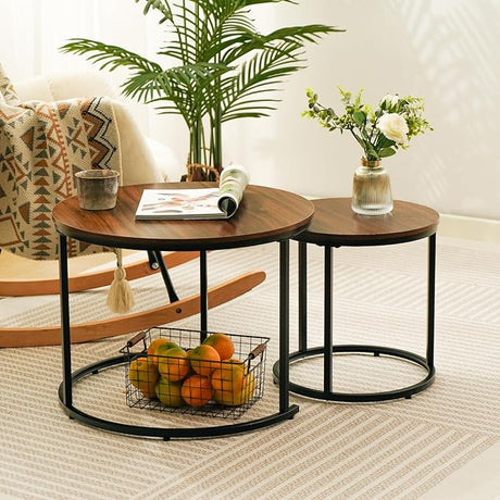 Round Modern Nesting Coffee Table Set of 2,Waterproof Faux Marble Wood Top