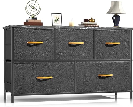 ROMOON Dresser for Bedroom, Fabric Dresser with 5 Drawers, Small Chest of Drawers, Storage Drawers Organizer Unit for Bedroom, Closet, Living Room, Hallway (Grey)