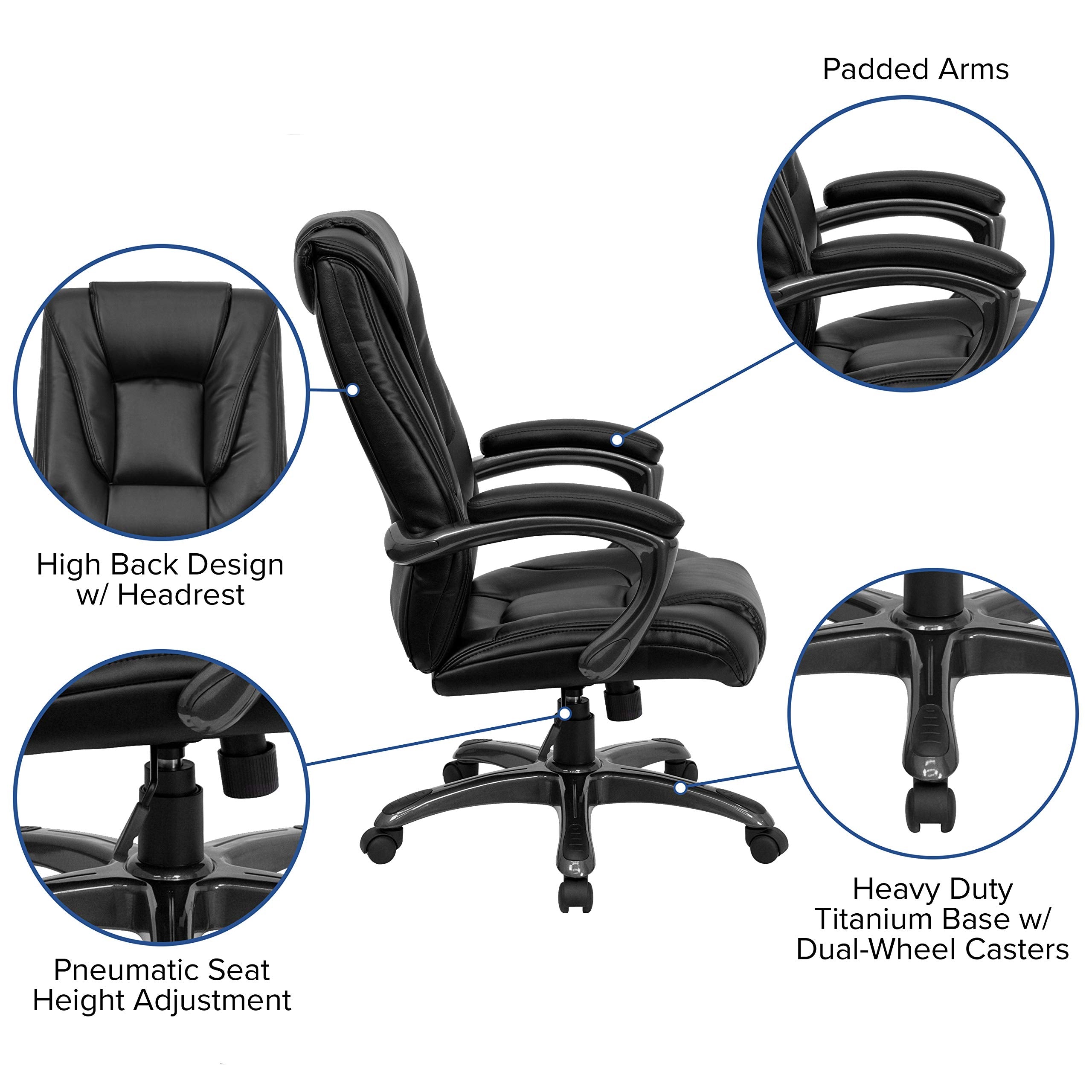 Flash Furniture Oma High Back Black LeatherSoft Layered Upholstered Executive Swivel Ergonomic Office Chair with Smoke Metal Base and Arms