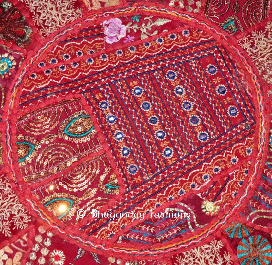 Round Ottoman Pouf, Cotton Handmade, 18x13 Inch. By Bhagyoday