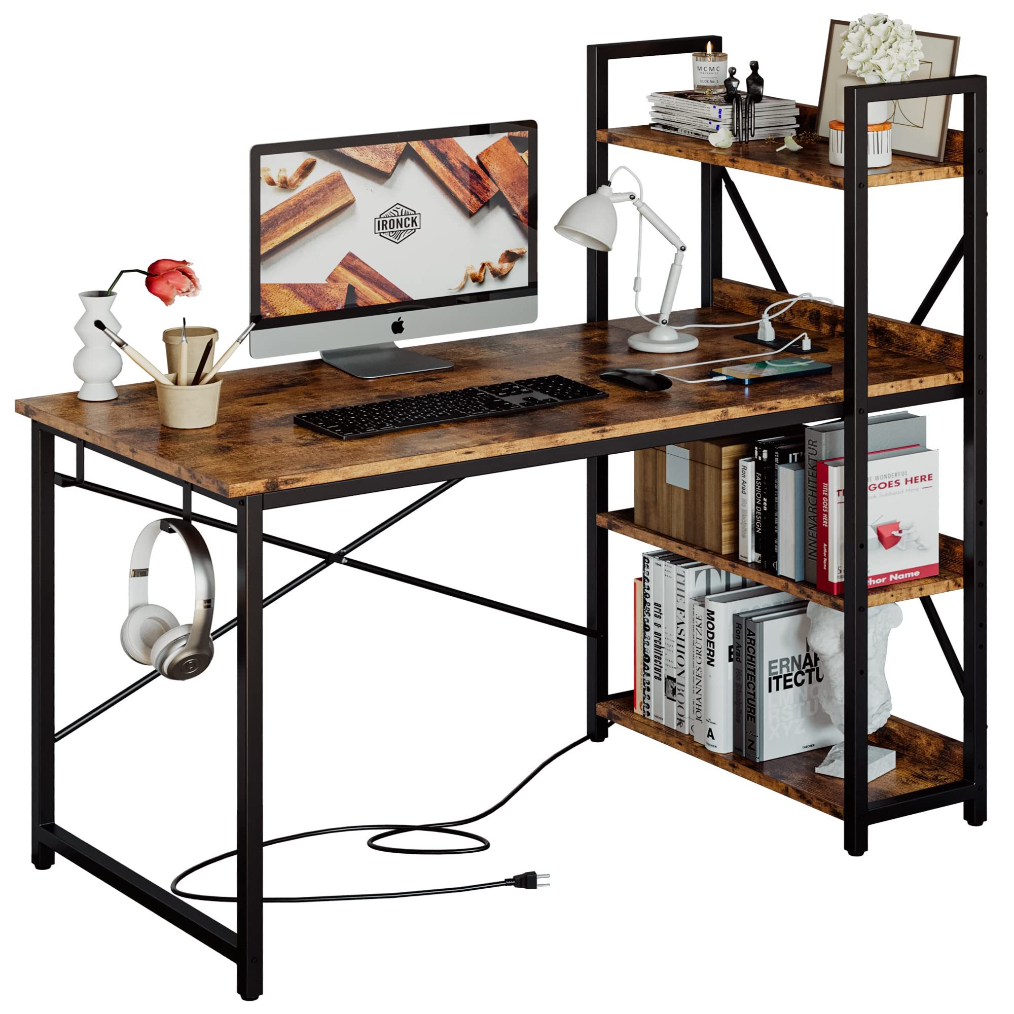 Computer Desk 47" with Power Outlet and Storage Shelves, Study Writing Table with USB Ports Charging Station, PC Desk Workstation for Home Office, Rustic Brown