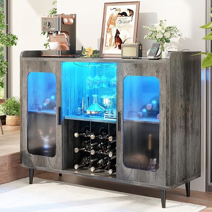 Wine Bar Cabinet with Power Outlet, Liquor Cabinet Bar with LED Light