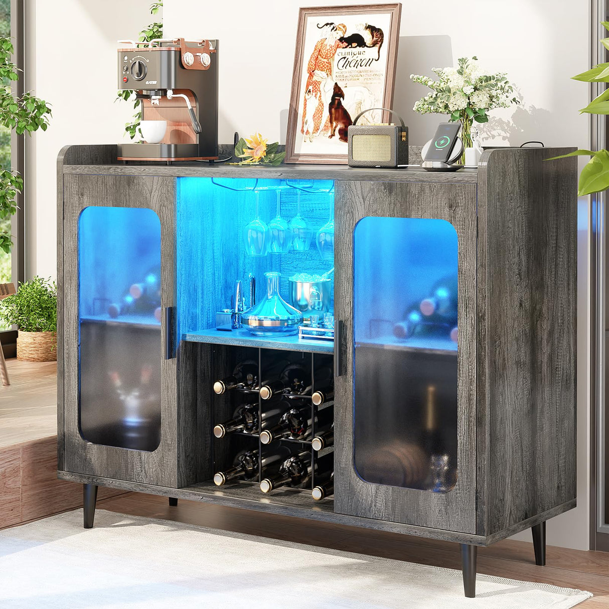 Wine Bar Cabinet with Power Outlet, Liquor Cabinet Bar with LED Light and Glass Holder