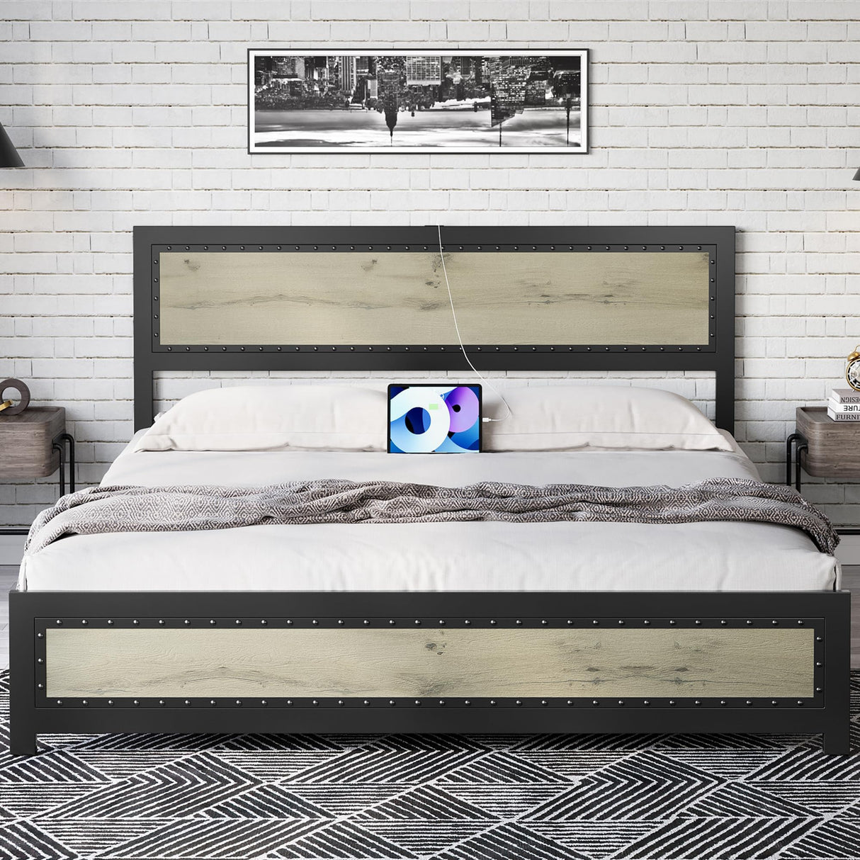 Full Size Bed Frame, Platform Bed Frame with Charging Station