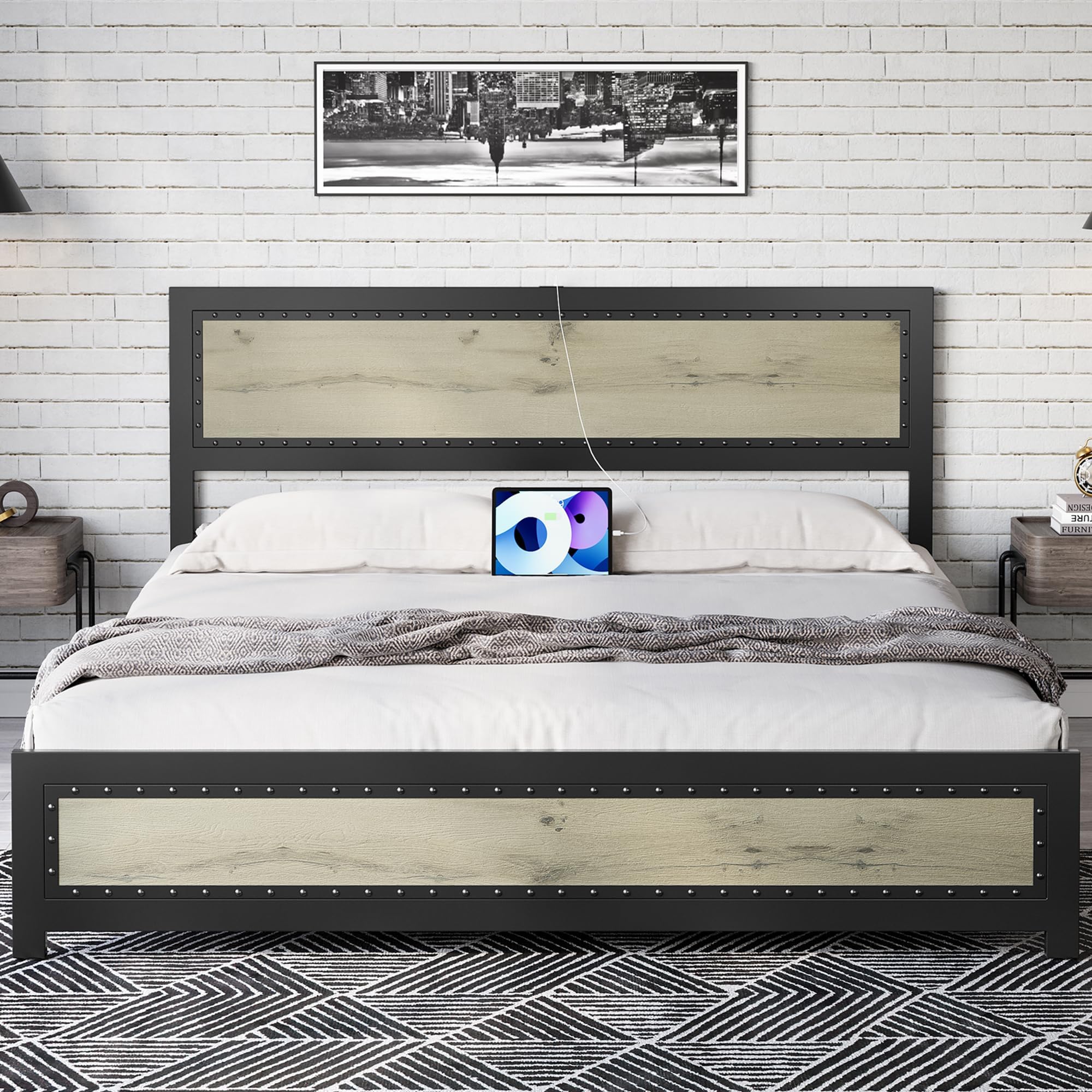 Full Size Bed Frame, Platform Bed Frame with Charging Station