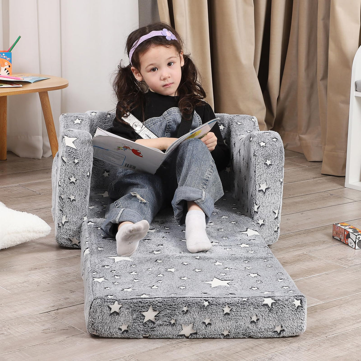 Star Glow in The Dark Toddler Couch, 2-in-1 Toddler Soft Couch Fold Out with Star Pillow