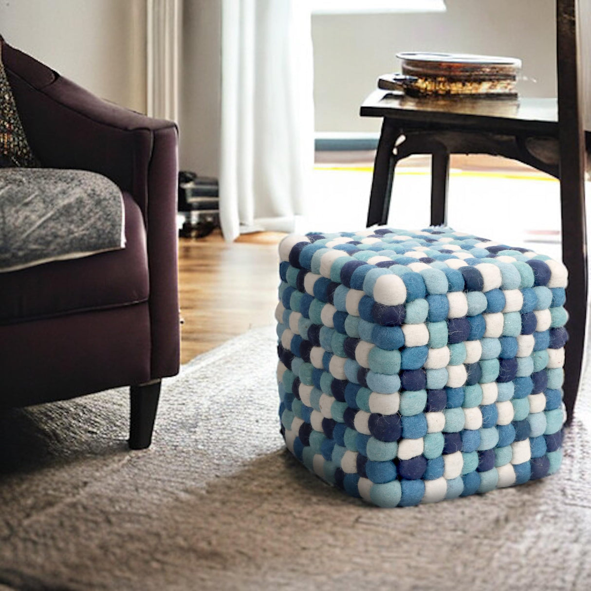 Multi Colored Cube Felt Ball Ottoman Pouf 15 Inches for Living Room, Bedroom