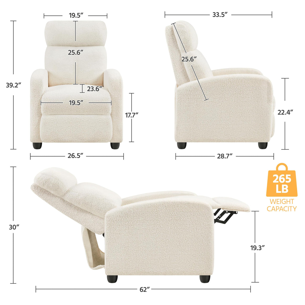 Fabric Recliner Sofa Push Back Recliner Chair Adjustable Modern Single Reclining Chair Upholstered Sofa with Pocket Spring Living Room Bedroom Home Theater Ivory