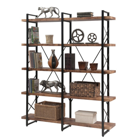 5-Tier Bookcase, Tall Freestanding Wooden Bookshelf Industrial Style with X Shape Metal Frame