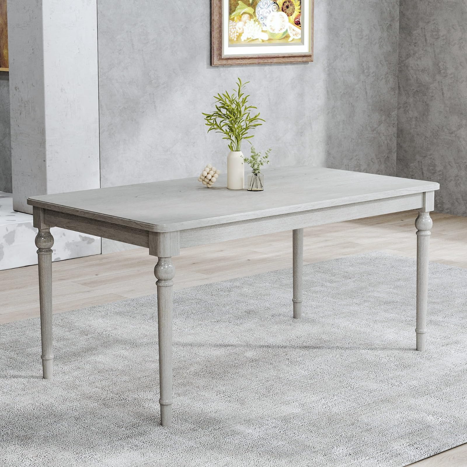 Table for 4-6 People, Rustic Solid Wood Rectangular Kitchen Table with Turned Legs