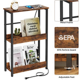 Narrow Side Tables Set of 2, 3-Tier End Tables with Charging Station, Skinny Nightstands with USB Ports and Outlet, Slim Sofa Bedside Tables with Storage Shelves, for Bedroom,Living Room, Rustic Brown