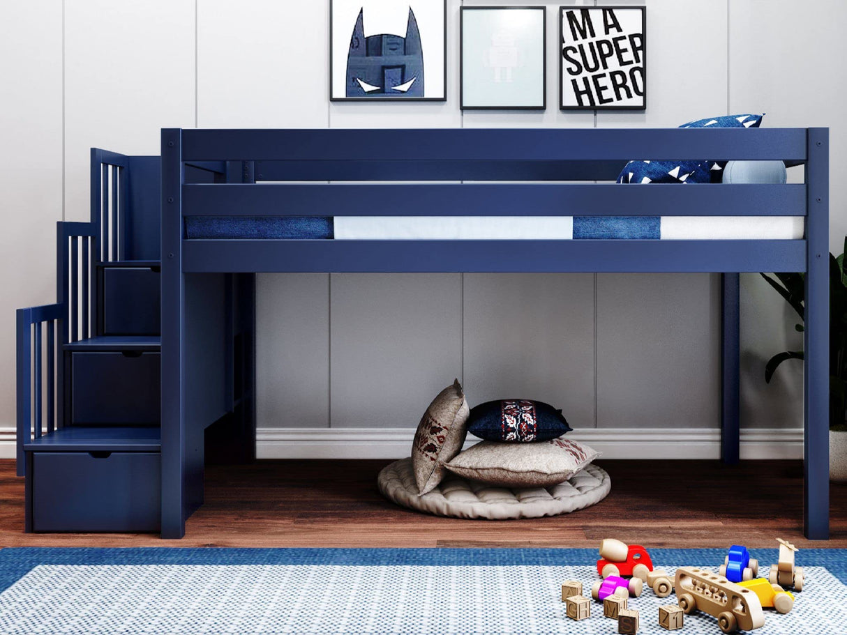 Bed Twin Size, Solid Wood Low Loft Bed with Storage Drawer and Ladder
