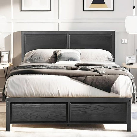 Queen Size Platform Bed Frame with Rustic Vintage Wood Headboard