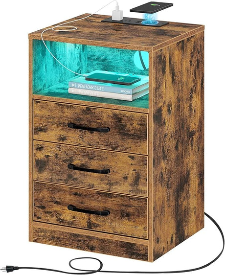 Nightstand with Wireless Charging Station and LED Lights, Modern End Side Table