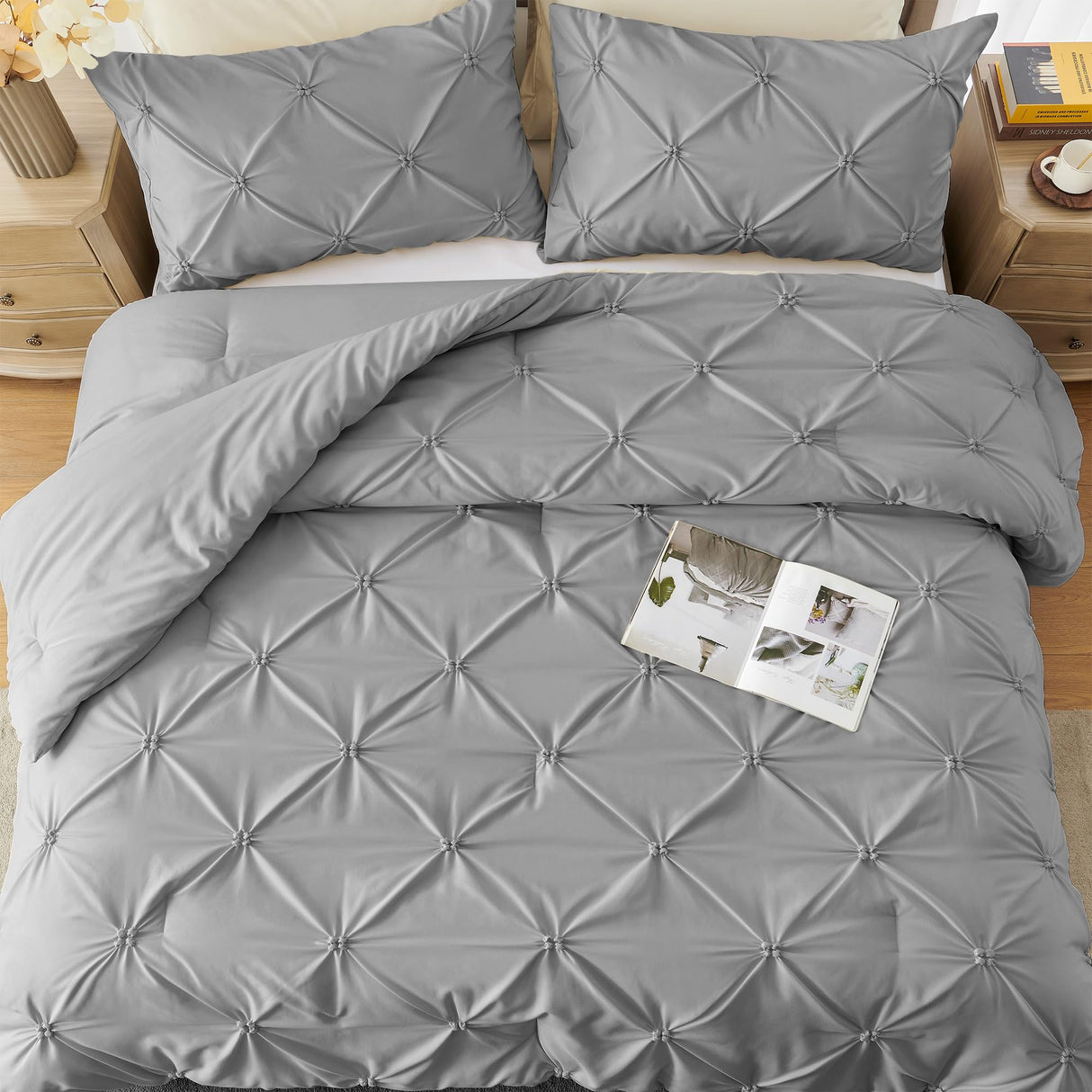 King Size Comforter Set Gray - Soft Fluffy Pintuck Down Alternative Bedding Set