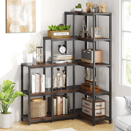 5-Tier Corner Bookshelf, 63” Tall Industrial L-Shaped Bookshelf Corner Bookcase,