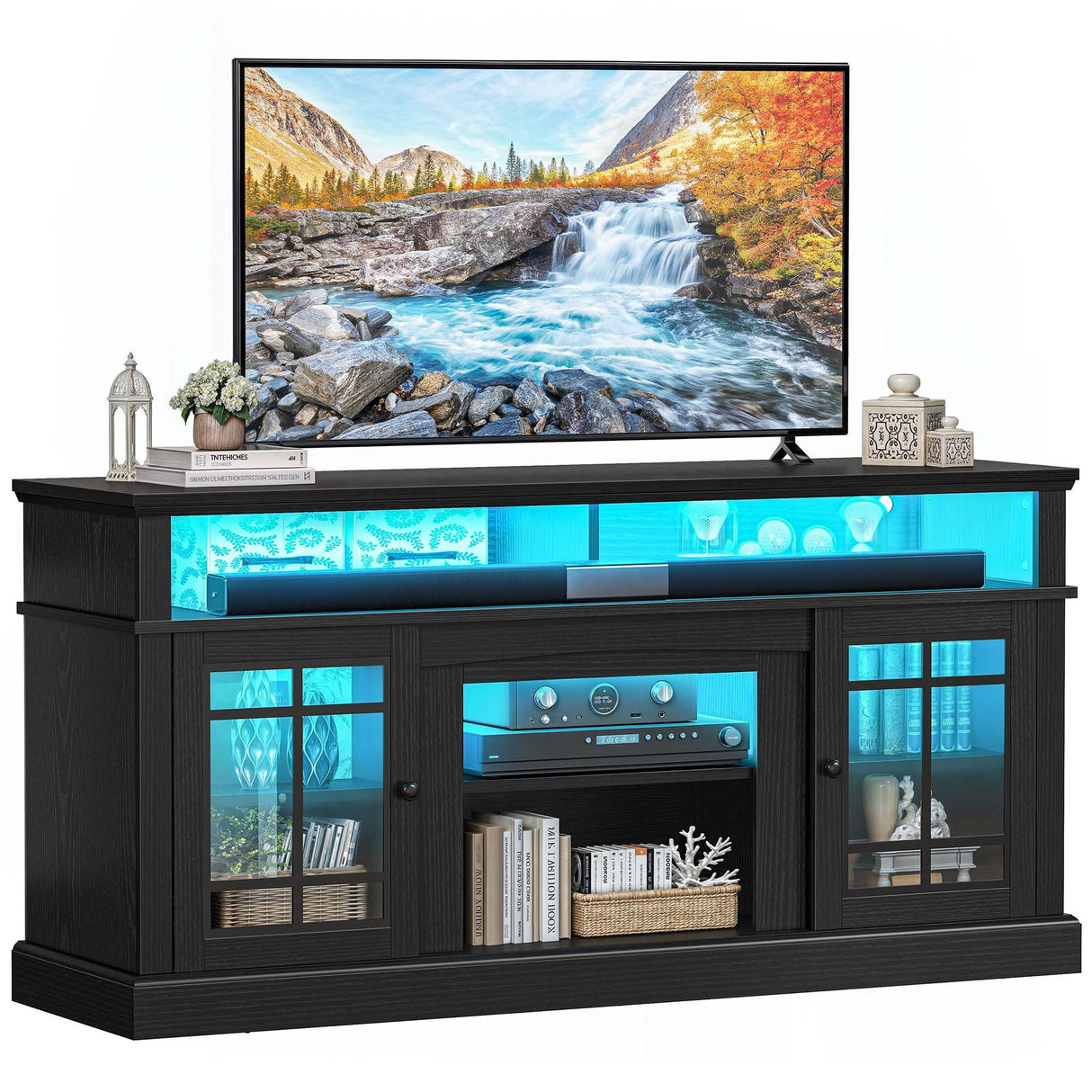 Black TV Stand for 75 Inch TV with LED Lights, 32'' Tall Modern TV Stands w/Adjustable