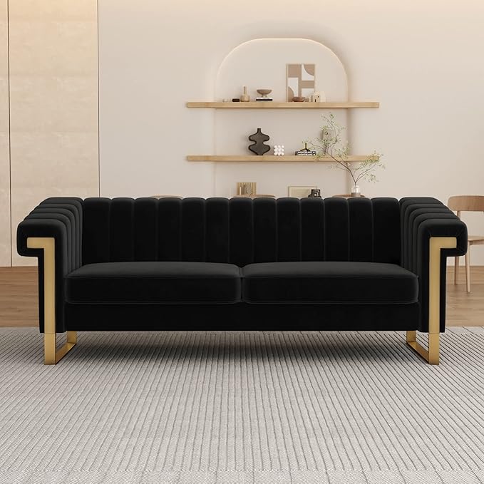 83'' Faux Leather Couch 3 Seater Sofa with Gold Metal Legs Comfy Sofa Living Room