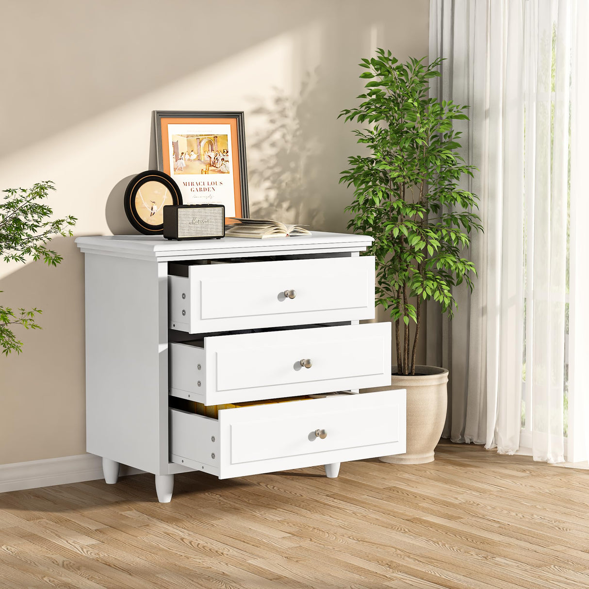 3 Drawers Nightstand, with Wood Legs,Modern White Drawers Dresser Bedside Nightstand